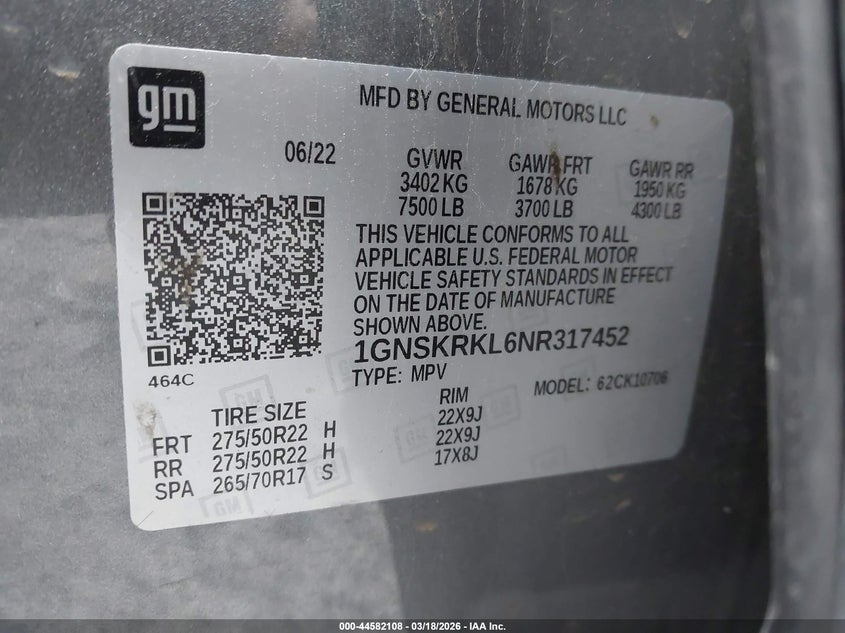 2022 Chevrolet Tahoe 4Wd Rst VIN: 1GNSKRKL6NR317452 Lot: 44582108