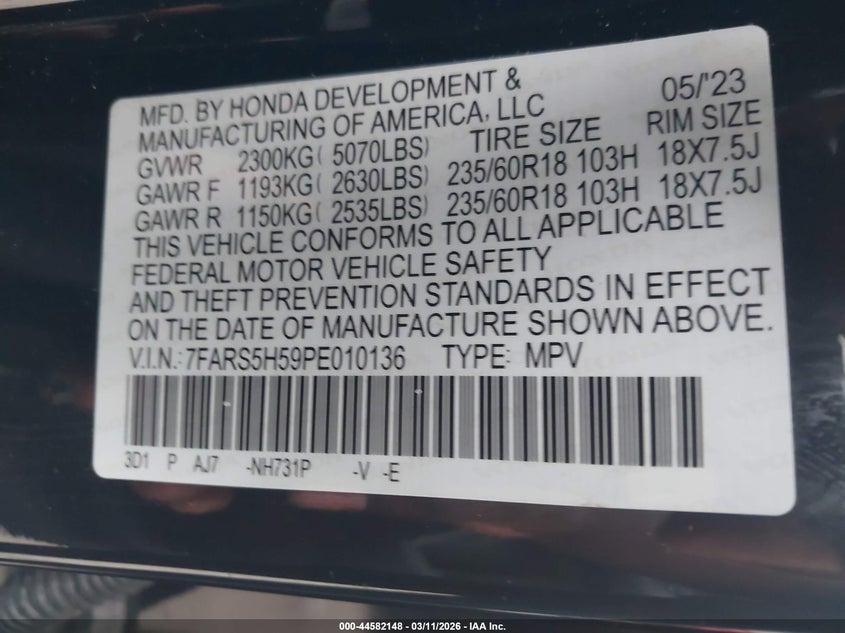 2023 HONDA CR-V HYBRID 2.0L I-4 DI, DOHC, V(VIN: 7FARS5H59PE010136