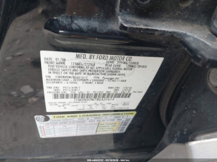 2008 Ford Taurus X Sel VIN: 1FMDK02W78GA31614 Lot: 44582232