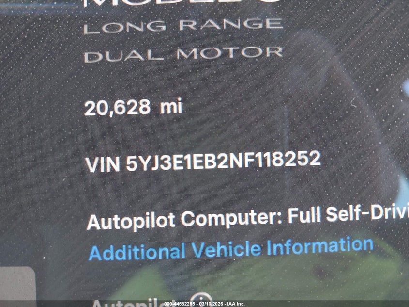 2022 TESLA MODEL 3 ELECTRIC(VIN: 5YJ3E1EB2NF118252