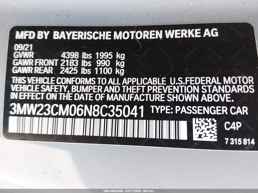 2022 BMW 230 I VIN: 3MW23CM06N8C35041 Lot: 44582464