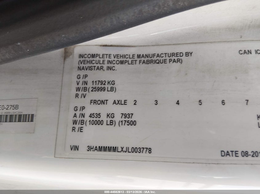 2018 International Durastar 4300 white Lot 111044582613 Vin 3HAMMMMLXJL003778