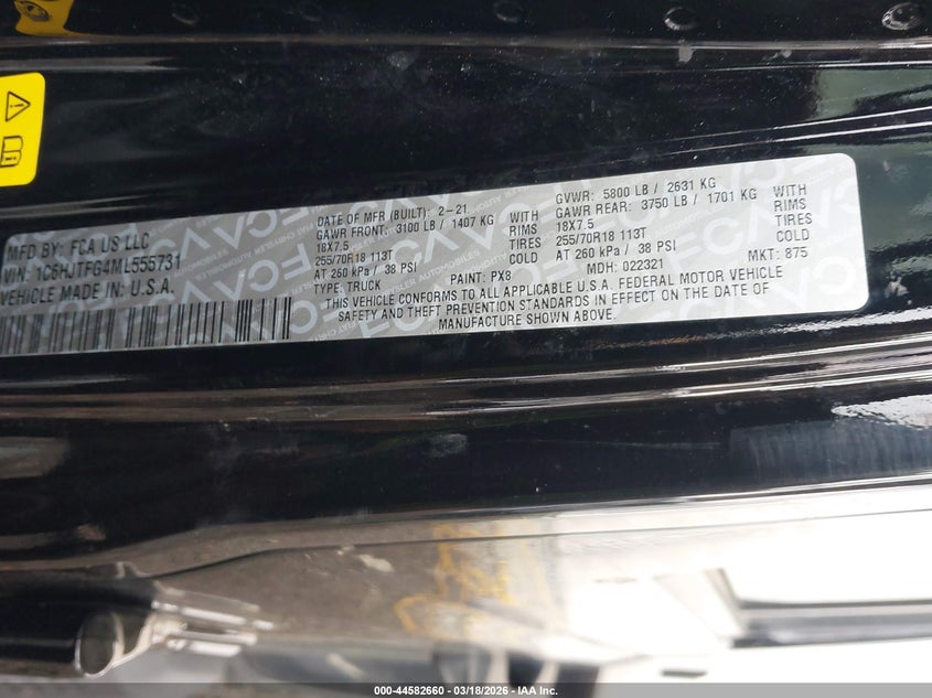 2021 Jeep Gladiator Overland 4X4 VIN: 1C6HJTFG4ML555731 Lot: 44582660