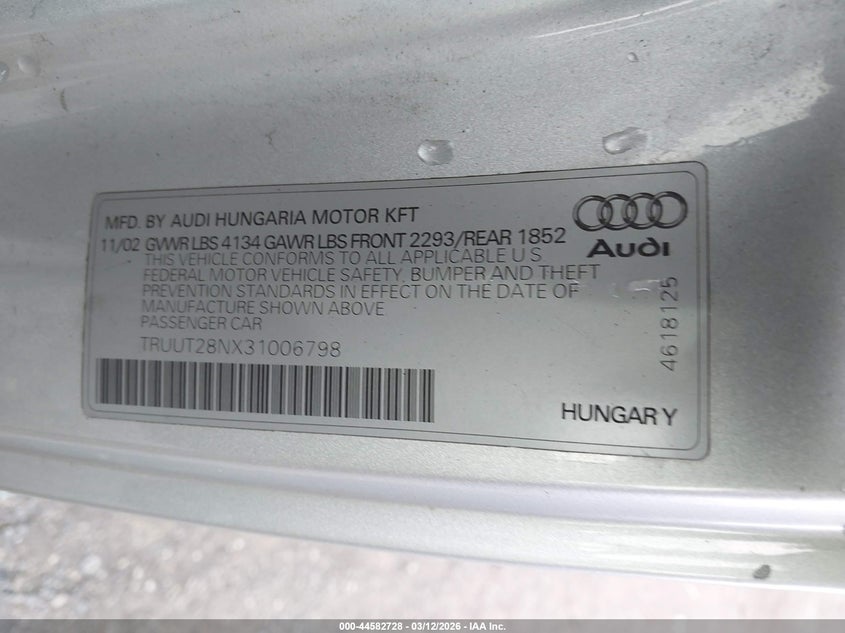 2003 Audi Tt 1.8L VIN: TRUUT28NX31006798 Lot: 44582728
