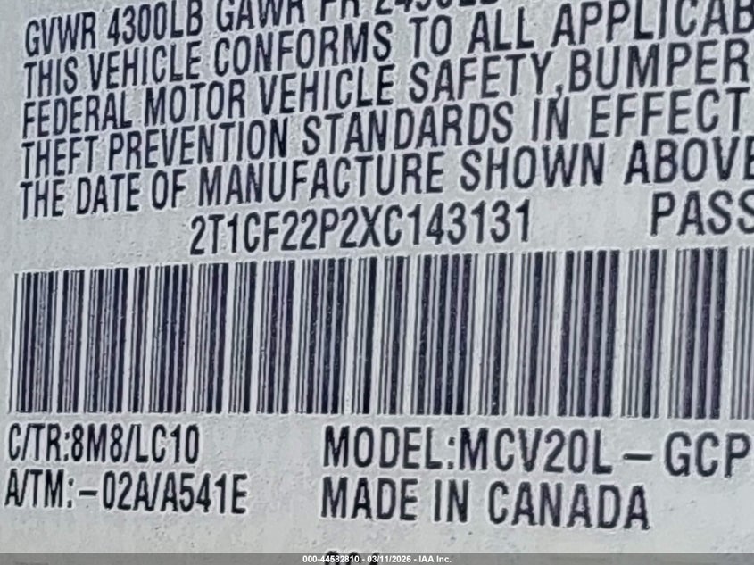 1999 Toyota Camry Solara Sle VIN: 2T1CF22P2XC143131 Lot: 44582810