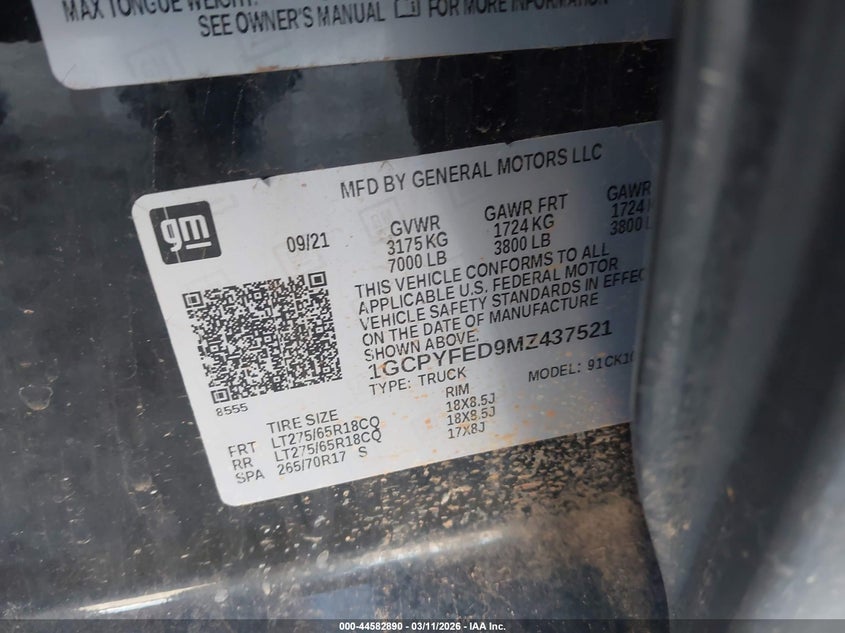 2021 CHEVROLET SILVERADO 1500(VIN: 1GCPYFED9MZ437521