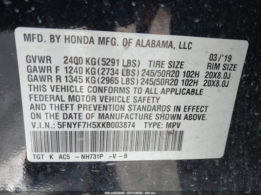 2019 Honda Passport Ex-L VIN: 5FNYF7H5XKB003874 Lot: 44583046