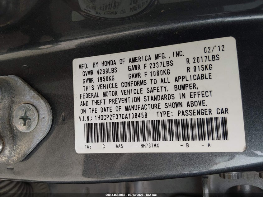 2012 Honda Accord 2.4 2.4 Lx grey Lot 111044583083 Vin 1HGCP2F37CA108458