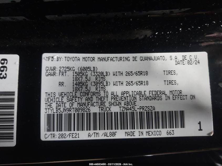 2024 TOYOTA TACOMA 2.4L I-4 DI, DOHC, V(VIN: 3TYLB5JN9RT009826