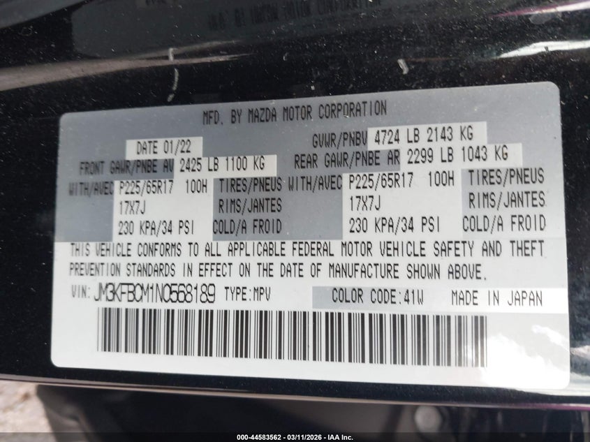 2022 MAZDA CX-5 2.5L I-4 DI, DOHC, V(VIN: JM3KFBCM1N0568189