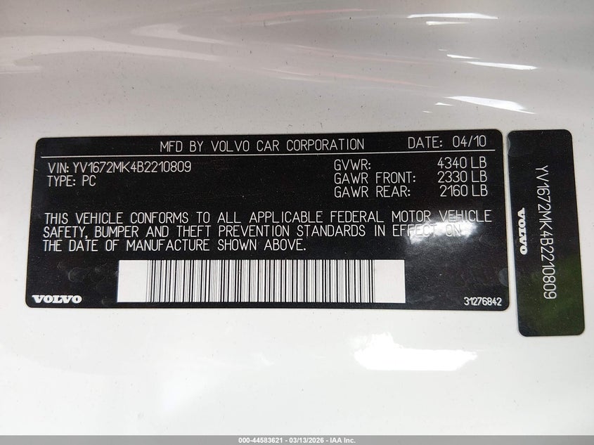 2011 Volvo C30 T5/T5 R-Design VIN: YV1672MK4B2210809 Lot: 44583621