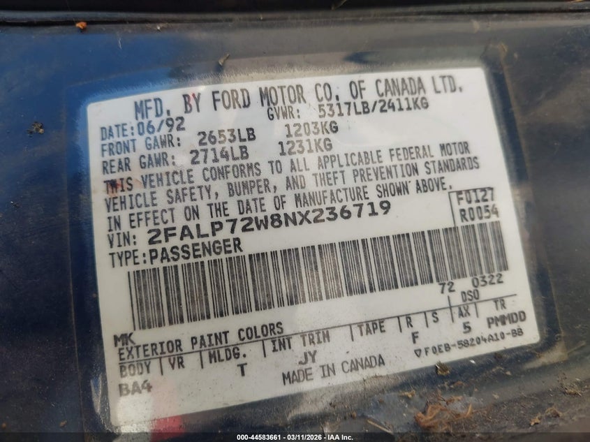 1992 Ford Crown Victoria S VIN: 2FALP72W8NX236719 Lot: 44583661