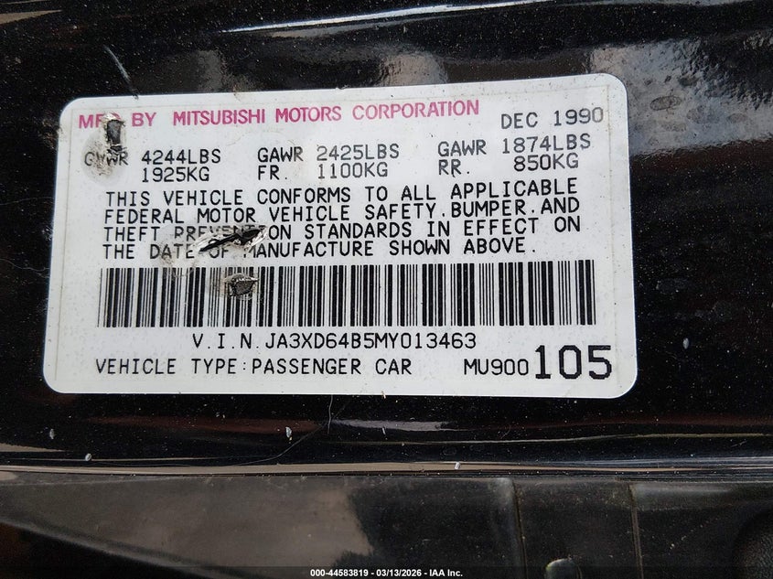 1991 Mitsubishi 3000 Gt Sl VIN: JA3XD64B5MY013463 Lot: 44583819