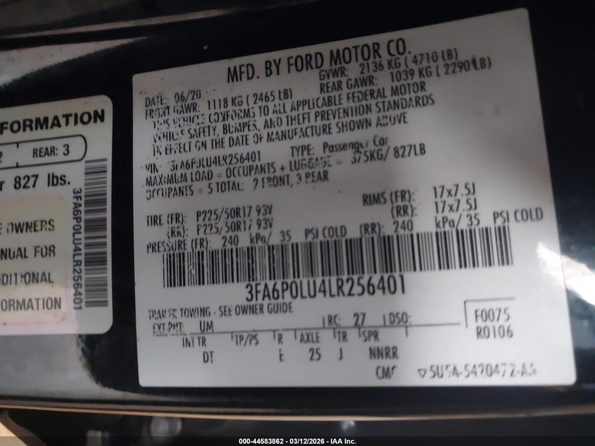 VIN 3FA6P0LU4LR256401 2020 FORD FUSION HYBRID SE