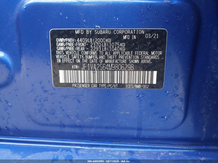 2021 Subaru Wrx Sti VIN: JF1VA2S64M9806298 Lot: 44583892