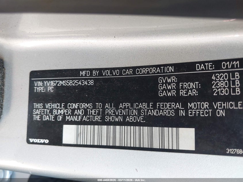 2011 Volvo S40 T5/T5 R-Design VIN: YV1672MS5B2543438 Lot: 44583926