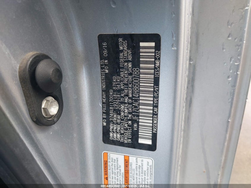 2017 Subaru Brz Limited VIN: JF1ZCAC14H8600788 Lot: 44583948