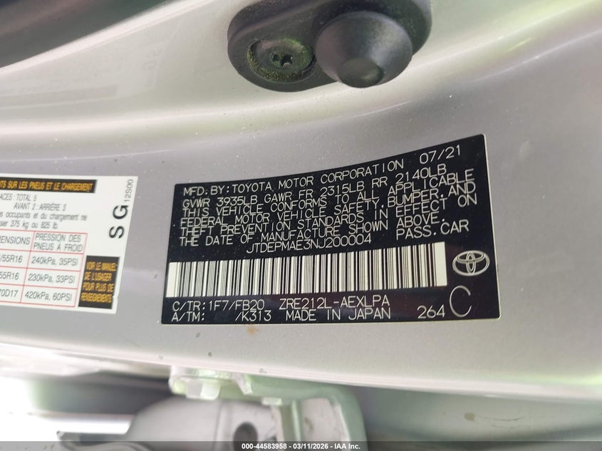 2022 TOYOTA COROLLA 1.8L I-4 DOHC, VVT, (VIN: JTDEPMAE3NJ200004
