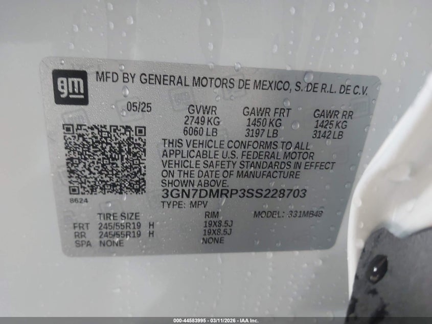 2025 CHEVROLET EQUINOX EV U NX(VIN: 3GN7DMRP3SS228703