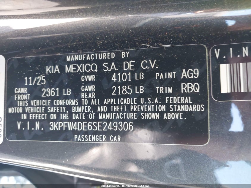 KIA K4 2025 VIN 3KPFW4DE6SE249306