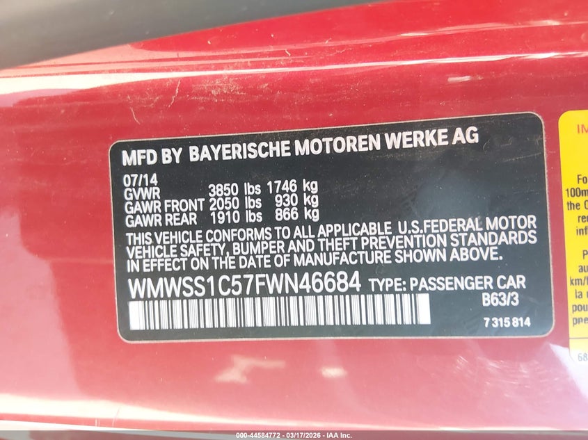 2015 Mini Paceman Cooper VIN: WMWSS1C57FWN46684 Lot: 44584772