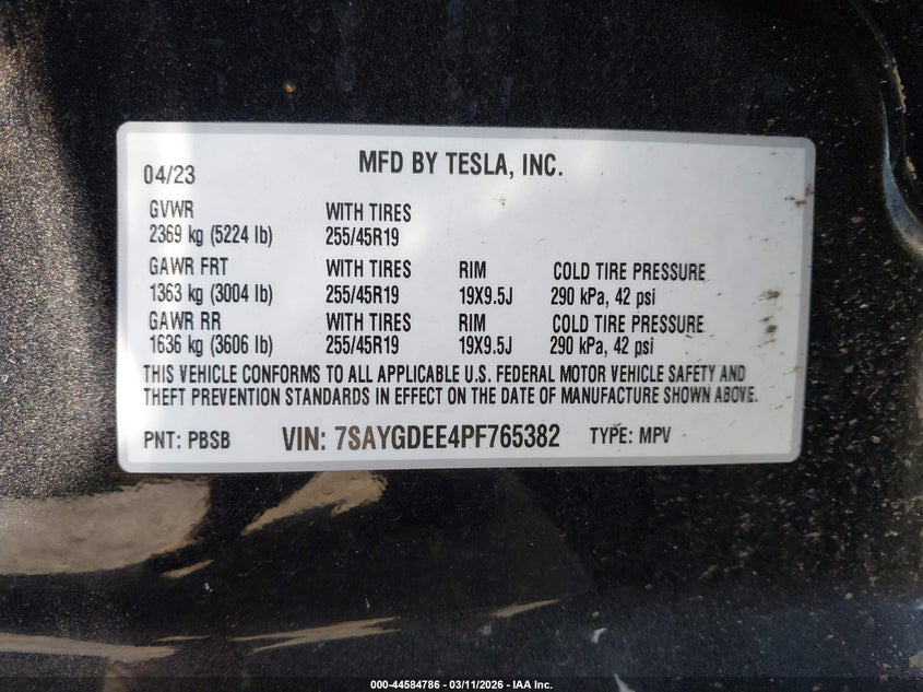 2023 Tesla Model Y Awd/Long Range Dual Motor All-Wheel Drive VIN: 7SAYGDEE4PF765382 Lot: 44584786