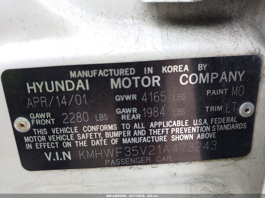 2001 Hyundai Sonata Gls/Gls W/Leather VIN: KMHWF35V21A473243 Lot: 44585395