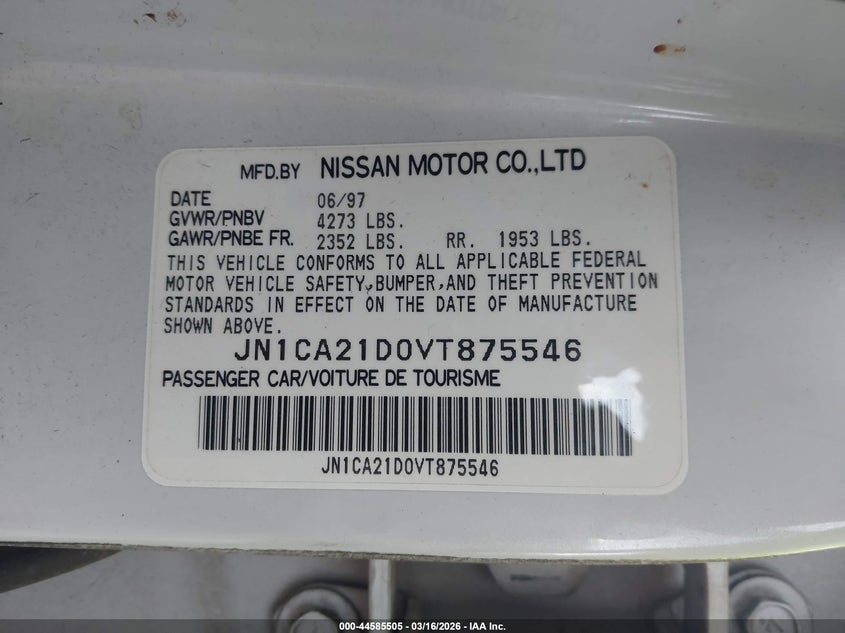 1997 Nissan Maxima Gle/Gxe/Se VIN: JN1CA21D0VT875546 Lot: 44585505