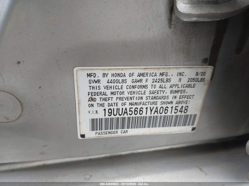 2000 Acura Tl 3.2 VIN: 19UUA5661YA061548 Lot: 44585653