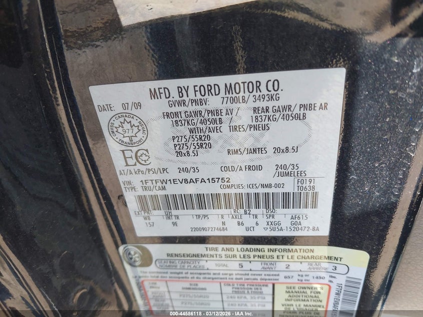 FORD F-150 LARIAT 2010 VIN 1FTFW1EV8AFA15752