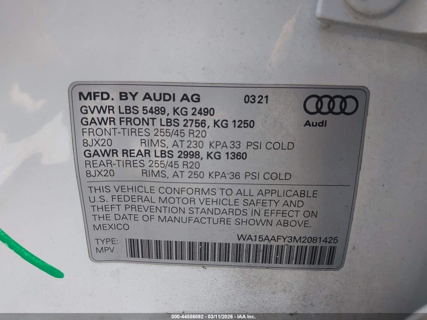 2021 Audi Q5 Sportback Premium Plus 45 Tfsi Quattro S Tronic VIN: WA15AAFY3M2081425 Lot: 44586592