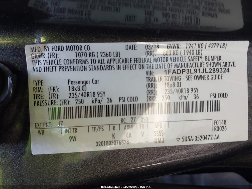 2018 Ford Focus St VIN: 1FADP3L91JL289324 Lot: 44586678
