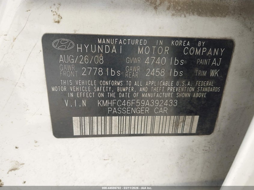 2009 Hyundai Azera Limited VIN: KMHFC46F59A392433 Lot: 44586702