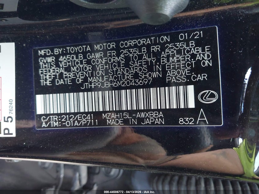 2021 Lexus Ux 250H VIN: JTHP9JBH6M2043697 Lot: 44586772