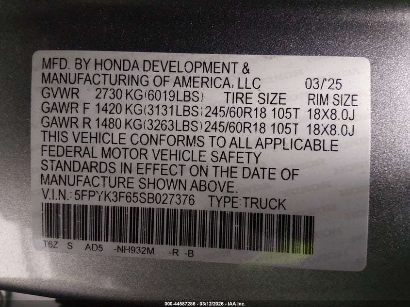 VIN 5FPYK3F65SB027376 2025 HONDA RIDGELINE TRAILSPORT