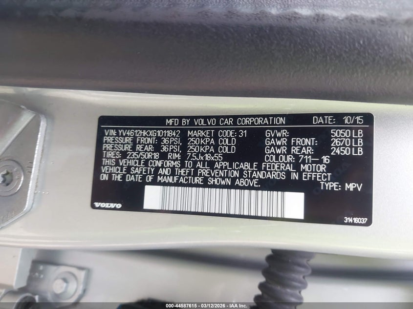 2016 Volvo V60 Cross Country T5 VIN: YV4612HKXG1011842 Lot: 44587615