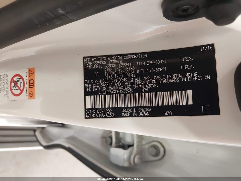 2017 Lexus Lx 570 VIN: JTJHY7AX0H4233989 Lot: 44587957