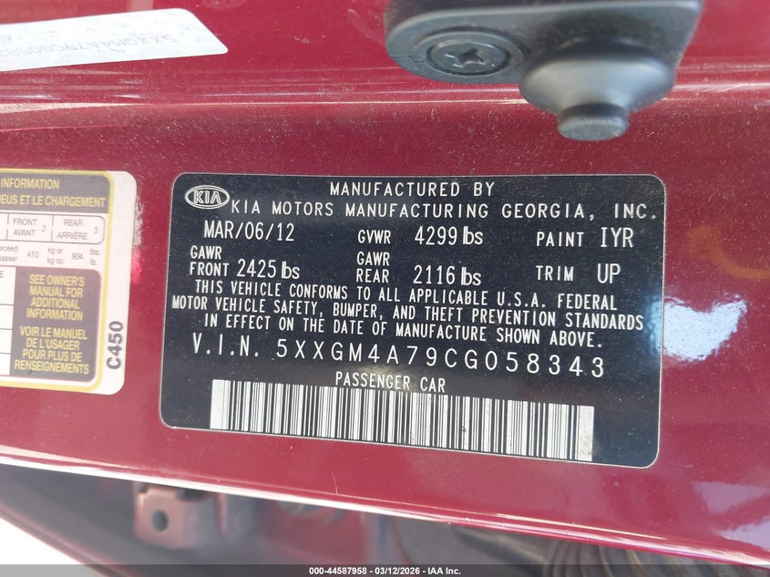 2012 Kia Optima 2.4 Lx red Lot 111044587958 Vin 5XXGM4A79CG058343