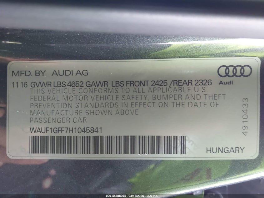 2017 Audi S3 2.0T Premium Plus VIN: WAUF1GFF7H1045841 Lot: 44588064