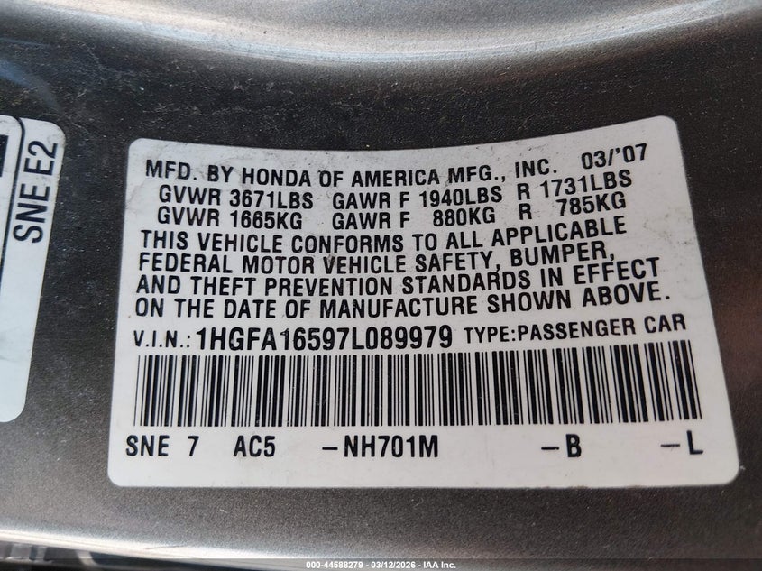 HONDA CIVIC 2007 VIN 1HGFA16597L089979