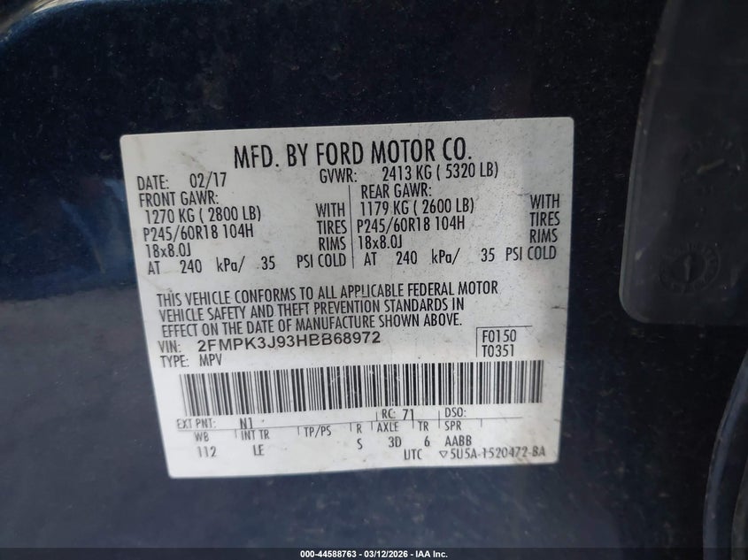 VIN 2FMPK3J93HBB68972 2017 FORD EDGE SEL
