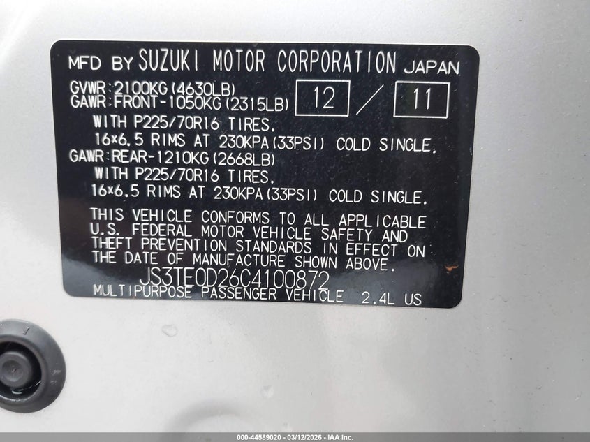 2012 Suzuki Grand Vitara Premium VIN: JS3TE0D26C4100872 Lot: 44589020