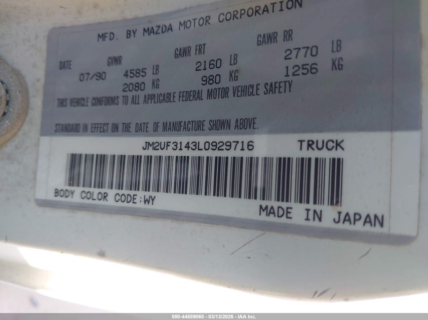 1990 Mazda B2600 Cab Plus VIN: JM2UF3143L0929716 Lot: 44589060