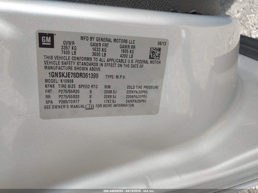 2013 Chevrolet Suburban 1500 Lt VIN: 1GNSKJE78DR361399 Lot: 44589304