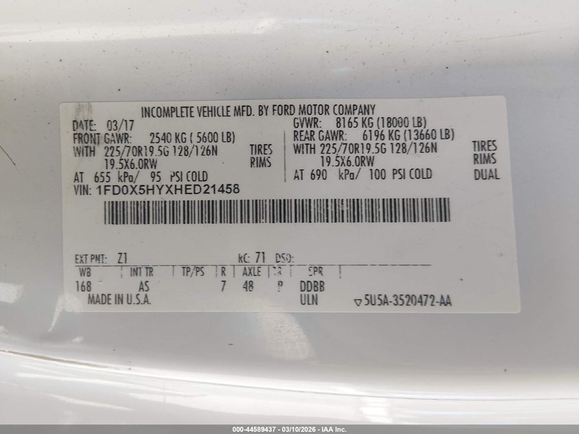 2017 Ford F-550 Chassis Xl/Xlt VIN: 1FD0X5HYXHED21548 Lot: 44589437