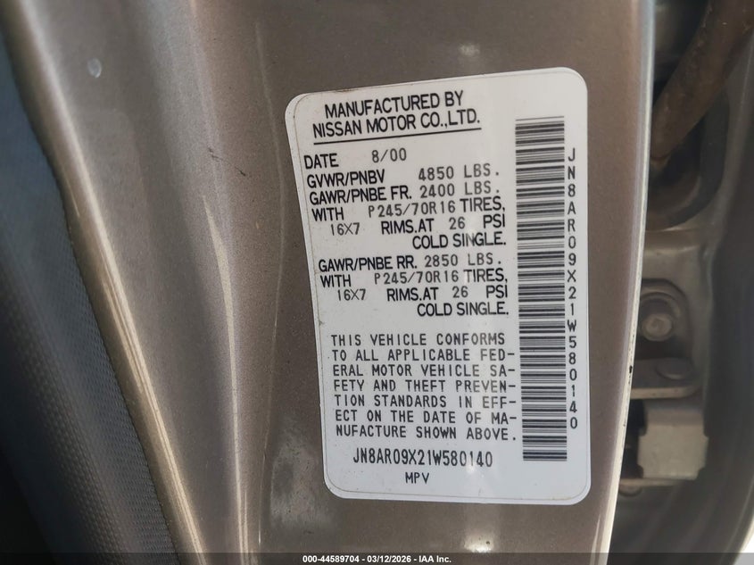 2001 Nissan Pathfinder Xe VIN: JN8AR09X21W580140 Lot: 44589704