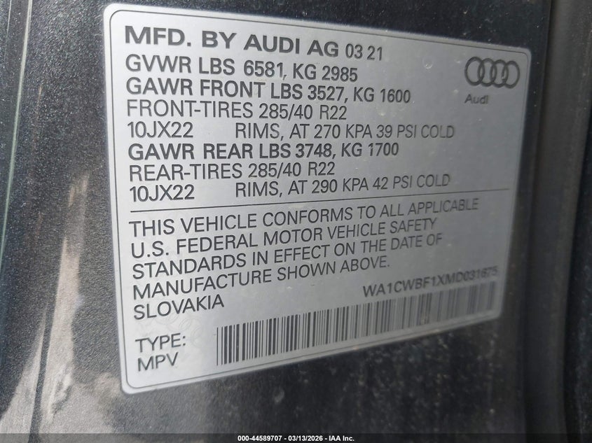 2021 Audi Sq8 Prestige Tfsi Quattro Tiptronic VIN: WA1CWBF1XMD031675 Lot: 44589707