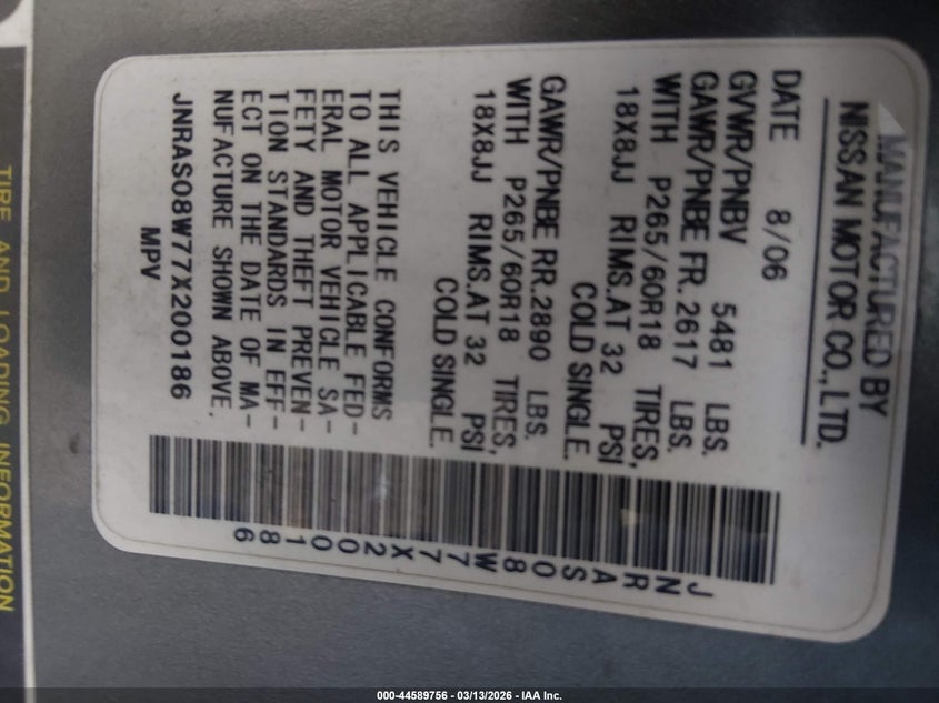 2007 Infiniti Fx35 VIN: JNRAS08W77X200186 Lot: 44589756