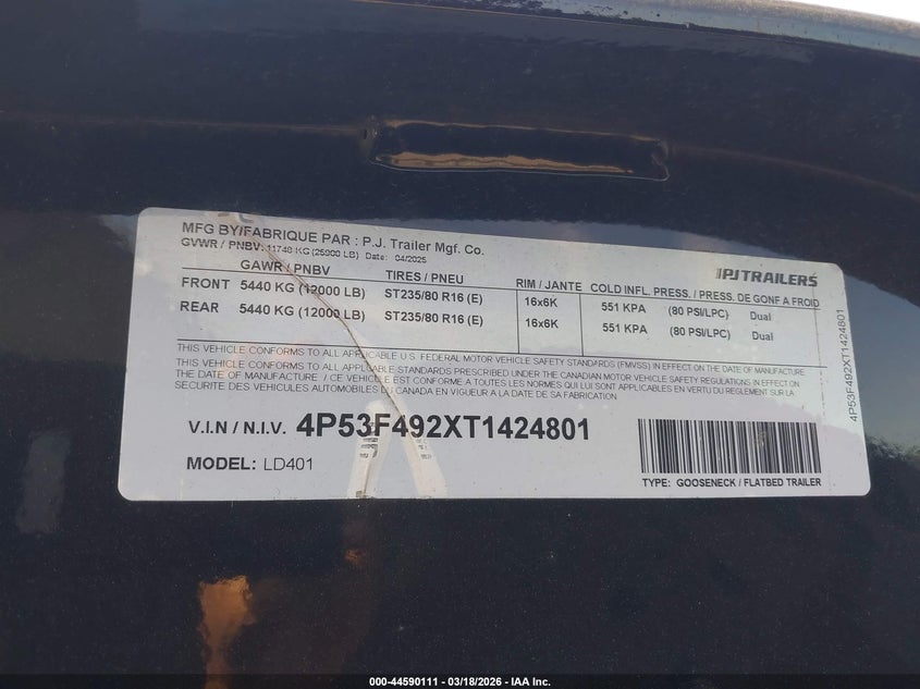 2026 PJ TRAILERS FLATBED GOOSENECK TRAILER (VIN: 4P53F492XT1424801