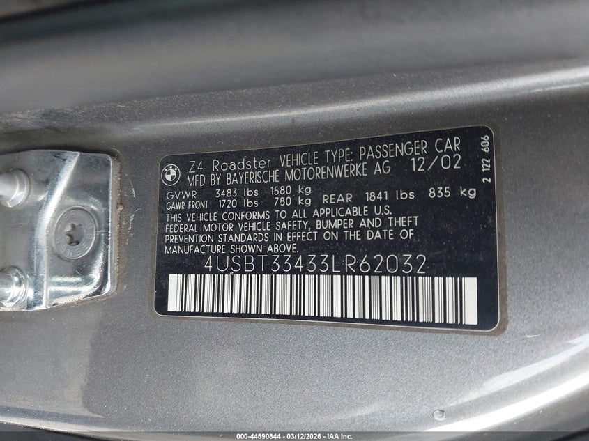 2003 BMW Z4 2.5I VIN: 4USBT33433LR62032 Lot: 44590844